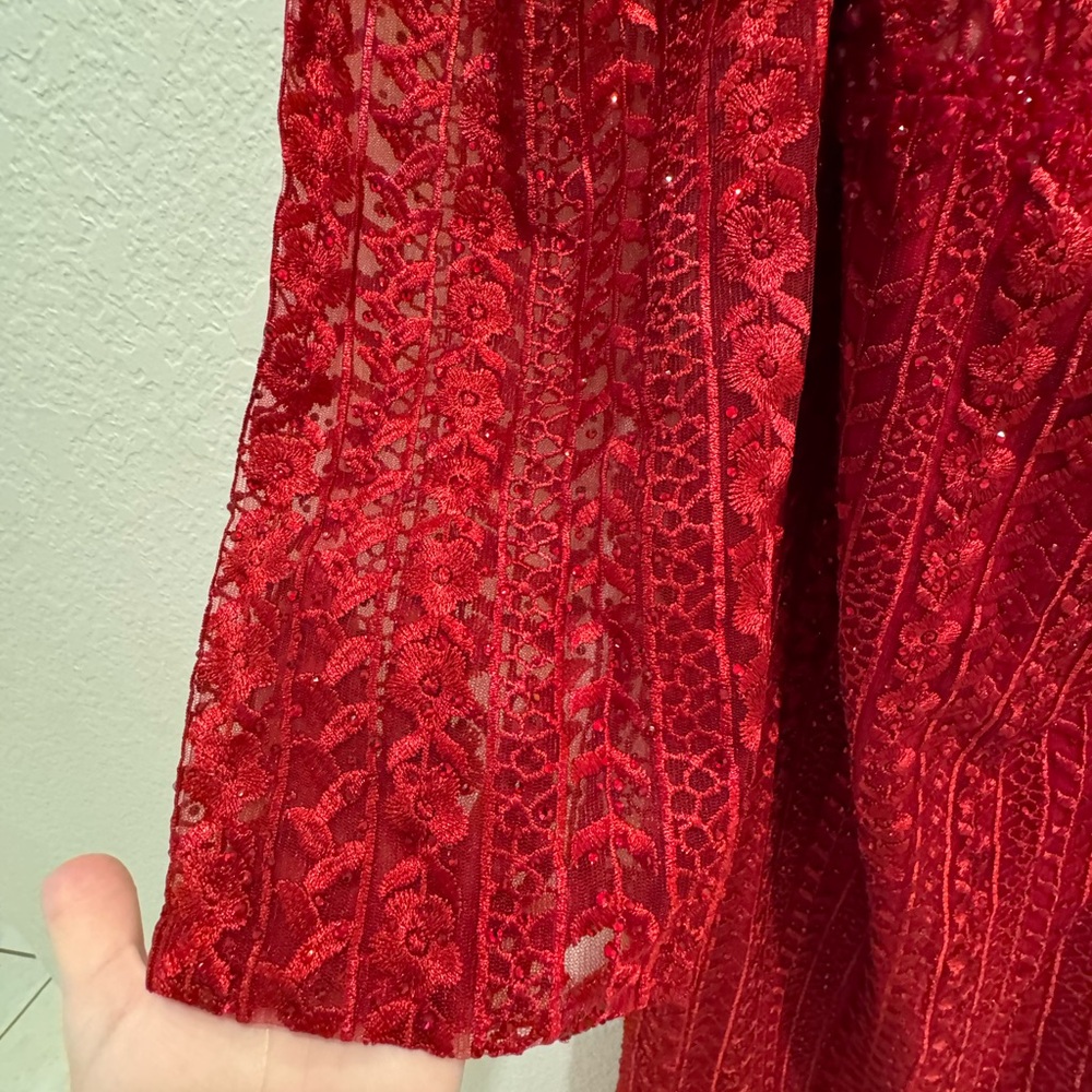 NWT Mac Duggal Sz 20 Red Lace Long Sleeve V-Neck Evening Gown 20271 - Picture 6 of 11